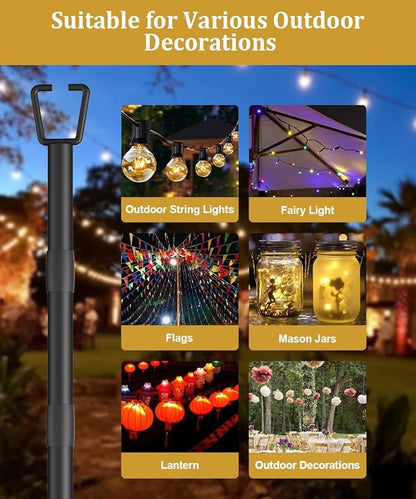 10FT String Light Poles for Outdoor Decor, Sturdy Light Pole with Fence Brackets, Adjustable Metal Posts for Outside Patio, Backyard, Deck, Garden, Party, Wedding
