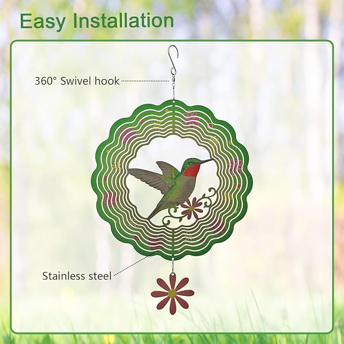 Hummingbird Wind Spinner,Metal Wind Spinners for Outdoor,3D Double Sided Hanging Decor for Indoor,Outdoor,Unique Gifts for Women