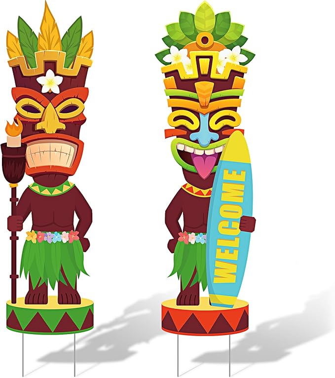 Queekay 2 Pcs Tiki Yard Sign Luau Hawaiian Tropical Party Decoration Outdoor Tiki Bar Sign with Stakes for Summer(Novelty Style)