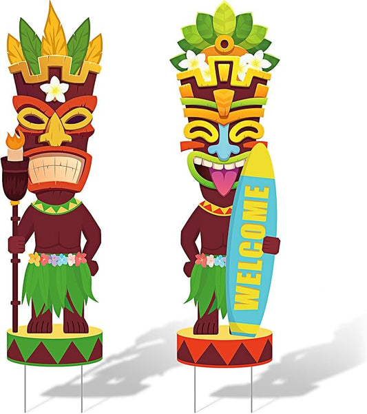 Queekay 2 Pcs Tiki Yard Sign Luau Hawaiian Tropical Party Decoration Outdoor Tiki Bar Sign with Stakes for Summer(Novelty Style)