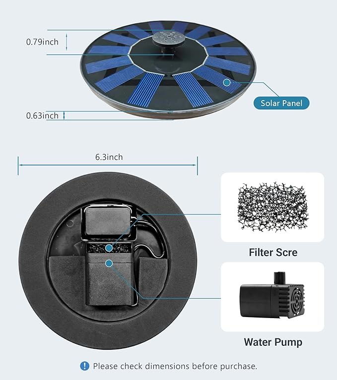 Solar Bird Bath Fountain Pump 6.3" Larger Size, 7V 1.4W Floating Solar Fountain, 5 Spray Patterns Water Pump for Bird Bath, Pond, Garden & Outdoor Water Features