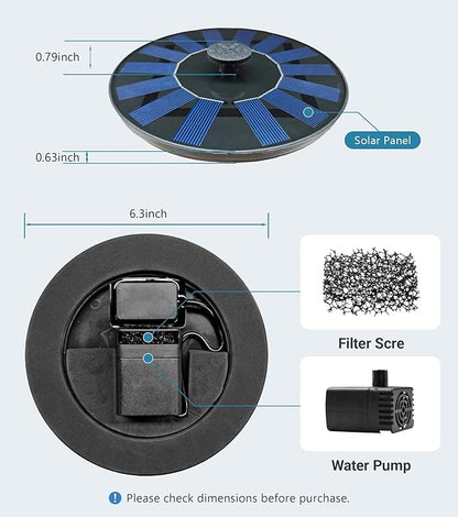 Solar Bird Bath Fountain Pump 6.3" Larger Size, 7V 1.4W Floating Solar Fountain, 5 Spray Patterns Water Pump for Bird Bath, Pond, Garden & Outdoor Water Features