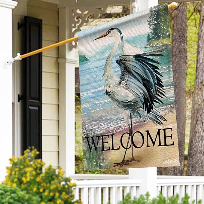 Furiaz Welcome Spring Summer Seabird Coastal Beach Large Decorative House Flag, Blue Heron Yard Bird Sea Lake Ocean Home Outside Decoration, Nautical Tropical Outdoor Decor Double Sided 28x40