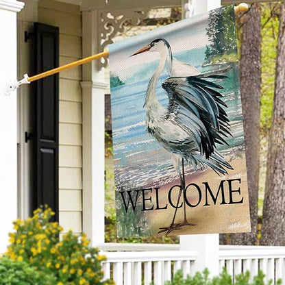Furiaz Welcome Spring Summer Seabird Coastal Beach Large Decorative House Flag, Blue Heron Yard Bird Sea Lake Ocean Home Outside Decoration, Nautical Tropical Outdoor Decor Double Sided 28x40