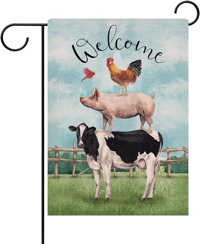 Dyrenson Welcome Summer Rooster Pig Cow Cardinal Farm Decorative Garden Flag, Country Yard Outside Decoration, Spring Farmhouse Outdoor Small Decor 12x18