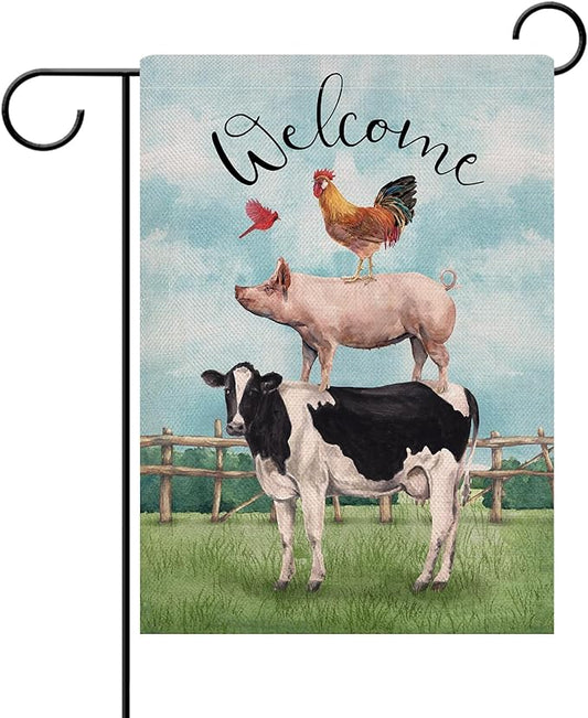 Dyrenson Welcome Summer Rooster Pig Cow Cardinal Farm Decorative Garden Flag, Country Yard Outside Decoration, Spring Farmhouse Outdoor Small Decor 12x18