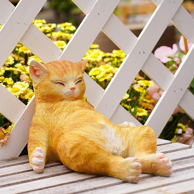 Cat Garden Statue Outdoor Decor, Resin Cat Figurine Garden Sculpture Patio Decor, Larger Pet Memorial Stone, Orange Sleeping Cat Memorial Gift for Loss of Cat, Outdoor Statues Pet Remembrance Gift