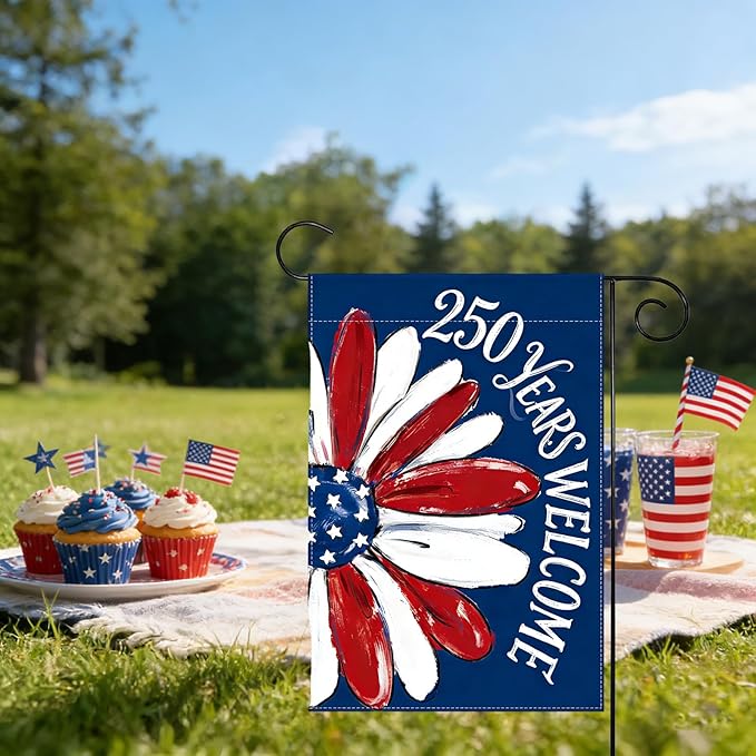 250th Anniversary Garden Flag, Red White Blue Sunflower Garden Flags, 250th Welcome Banner for Independence Day, 12x18 Inch Double Sided 4th of July Garden Flag for Yard & Outside Decor