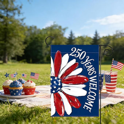 250th Anniversary Garden Flag, Red White Blue Sunflower Garden Flags, 250th Welcome Banner for Independence Day, 12x18 Inch Double Sided 4th of July Garden Flag for Yard & Outside Decor