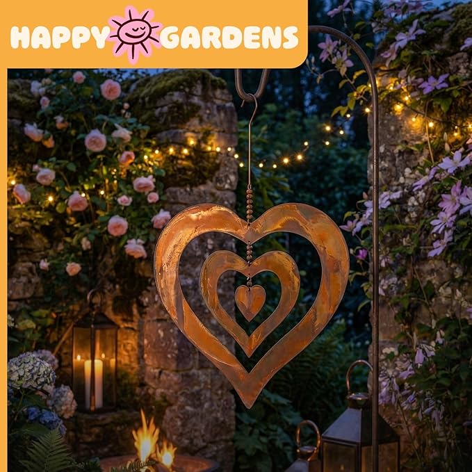 Handcrafted Triple Spinning Heart Steel Ornament (Flamed Finish) Happy Gardens Rustic Outdoor Metal Hook Hanging Decor for Outside Back Yard