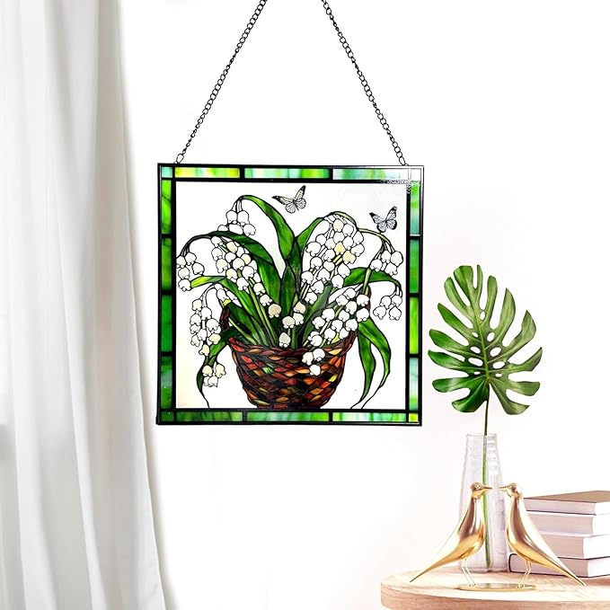 8'' Lily of The Valley and Butterflies Stained Glass Panel Suncatcher Window Hanging – Square Decorative Art for Home, Office, and Garden – Handcrafted Real Glass with Metal Frame