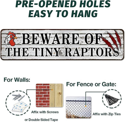 Chicken Coop Sign, Beware of The Tiny Raptors Sign, Funny Chicken Warning Sign, Home Kitchen Rooster Hen House Indoor Outdoor Decor, Funny Gag Gift for Chicken Fan Lovers, 4"x16"