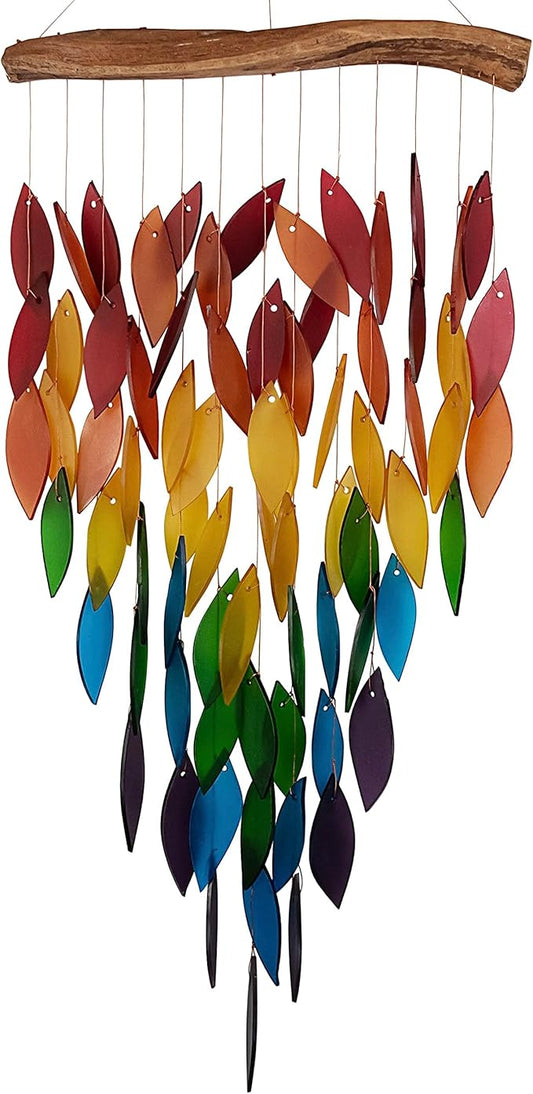 Blue Handworks Deluxe Rainbow Waterfall & Driftwood Chime, Sandblasted Glass and Found Wood Handcrafted Wind Chime