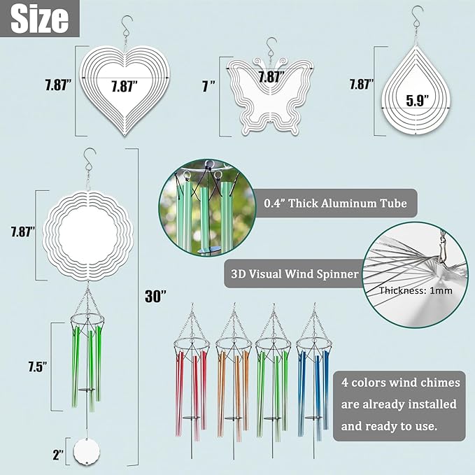 4 Packs Sublimation Wind Chime Wind Spinner Blanks Set 3D Aluminum Metal Wind Sculpture Kinetic Spinners Chimes for Yard and Garden Indoor Hanging Decoration (Mix Pattern)