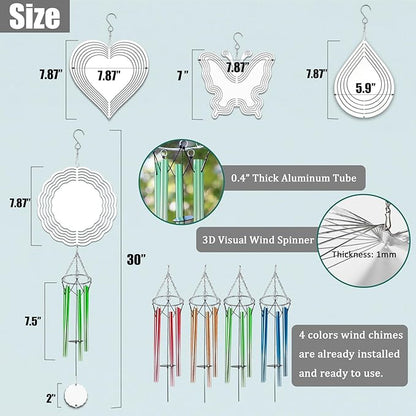 4 Packs Sublimation Wind Chime Wind Spinner Blanks Set 3D Aluminum Metal Wind Sculpture Kinetic Spinners Chimes for Yard and Garden Indoor Hanging Decoration (Mix Pattern)