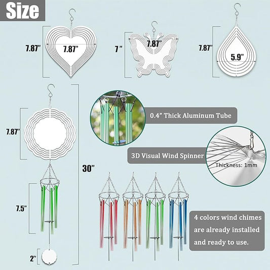 4 Packs Sublimation Wind Chime Wind Spinner Blanks Set 3D Aluminum Metal Wind Sculpture Kinetic Spinners Chimes for Yard and Garden Indoor Hanging Decoration (Mix Pattern)