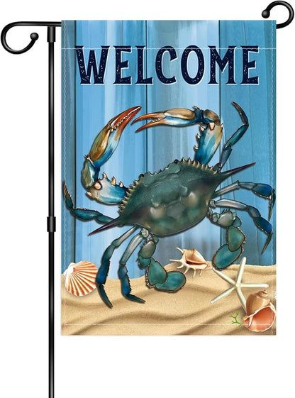 WHPCT Crab Garden Flag,Welcome to Undersea World Garden Flag,Marine Life Yard Porch, Party Holiday Decor, Vertical Double Side 12x18 Inch