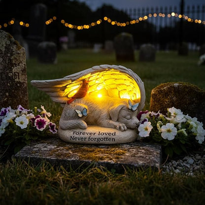 Dog Memorial Stone with Solar Lights Angel Wings Cardinal Butterfly 8 Inch, Pet Grave Markers Sleeping Statue Pet Loss Sympathy Gift Waterproof Resin for Outdoor Cemetery Garden Decor
