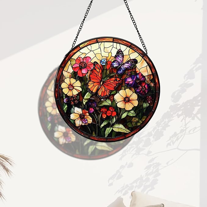 Stained Glass Window Hanging Butterfly 7.8 Inch Wildflowers Suncatcher Glass Panel Boho Window Decor with Chain Round Glass for Garden Wall Birthday Party Housewarming Gifts