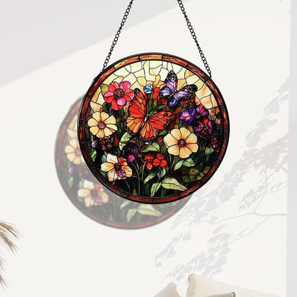 Stained Glass Window Hanging Butterfly 7.8 Inch Wildflowers Suncatcher Glass Panel Boho Window Decor with Chain Round Glass for Garden Wall Birthday Party Housewarming Gifts