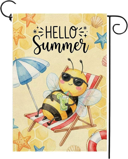 Hello Summer Bee Beach Garden Flag 12x18 Inch Double Sided Seasonal Holiday Burlap Yard Pool Outdoor Decorations