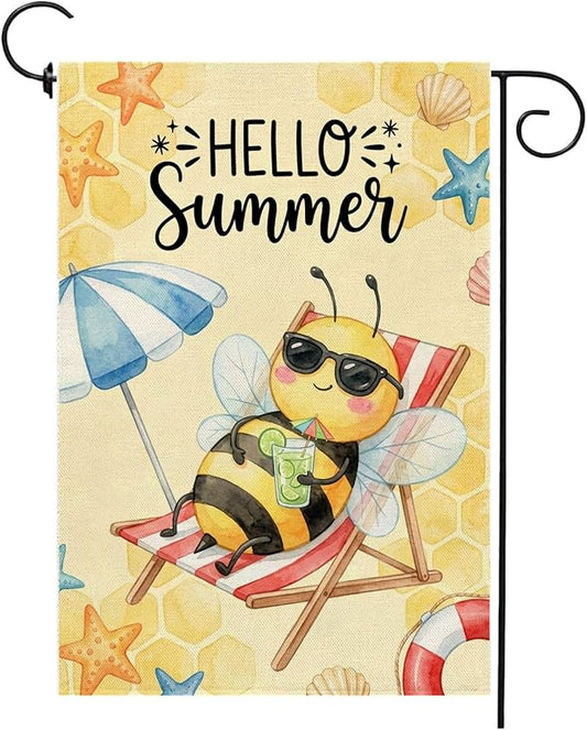 Hello Summer Bee Beach Garden Flag 12x18 Inch Double Sided Seasonal Holiday Burlap Yard Pool Outdoor Decorations