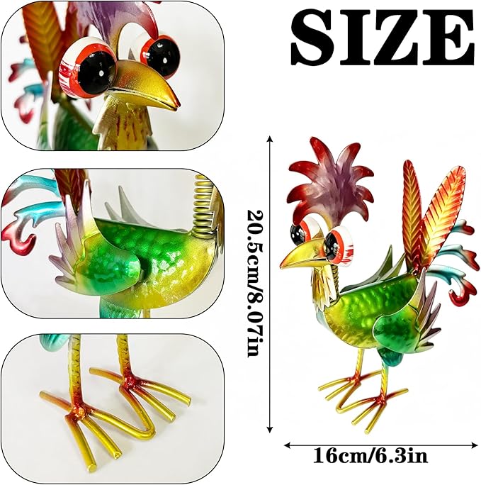 7.9" Garden Rooster Statues Sculpture, Metal Rooster Statues, Outdoor Animal Statue, Chicken Ornaments Yard Art for Backyard Patio Lawn Decorations (Rooster Colorful)
