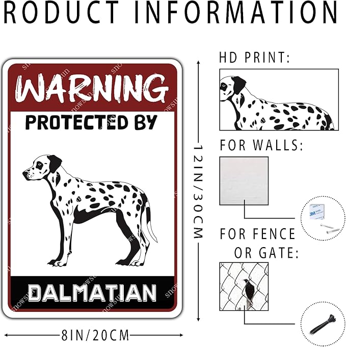 snowsun Warning Dog Metal Signs Protected by Dalmatian Tin Sign for Home Garden Yard Street Wall Decor 8×12 Inches