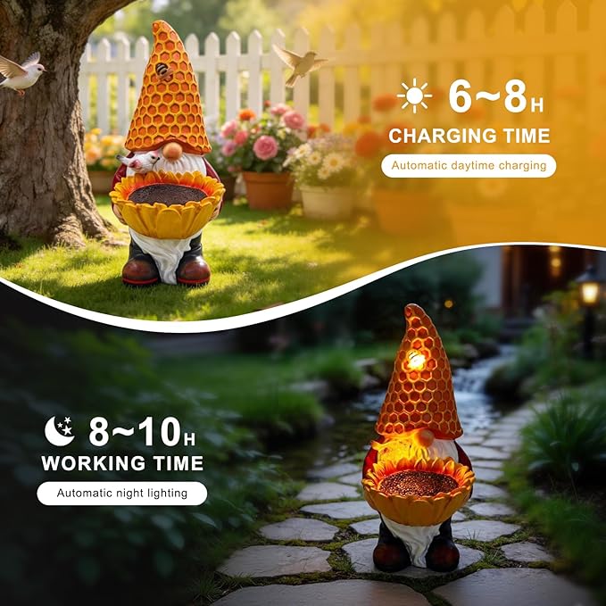 Solar Gnome Garden Statue with Honeycomb Hat & Sunflower Bird Feeder - Outdoor Decor with LED Lights for Patio, Lawn, Yard, Porch, Backyard,Best Garden Gifts for Mothers Day, Housewarming, Festival