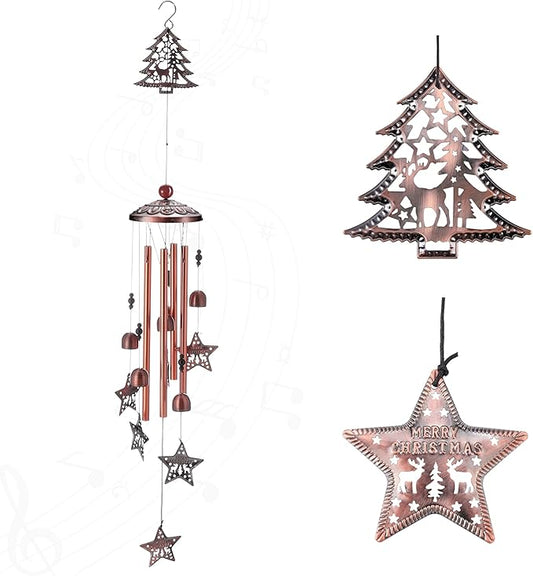 Yoption Christmas Wind Chime for Outside with Christmas Tree and Star, Handmade Metal Memorial Windchimes with S Hook for Garden Decor