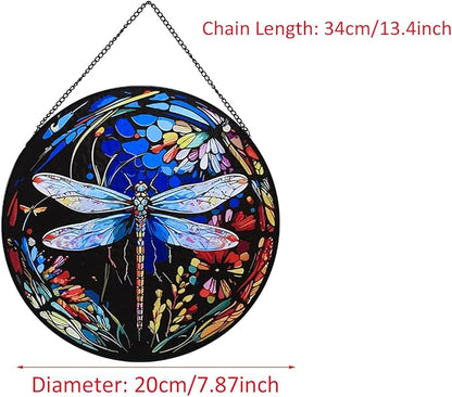 Stained Glass Window Hanging,20cm/7.87inch Dragonfly Hand-Painted Sun Catcher Garden Hangings Christmas Mother's Day, Valentine's Day Ornaments Festival Gift (A Style)