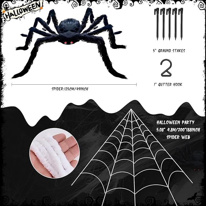 Spider Webs Halloween Decorations Outdoor - 200'' Triangular Spider Web + 49'' Giant Fake Spiders for Indoor Outdoor Halloween Decor Haunted House Décor Yard Home Garden Party