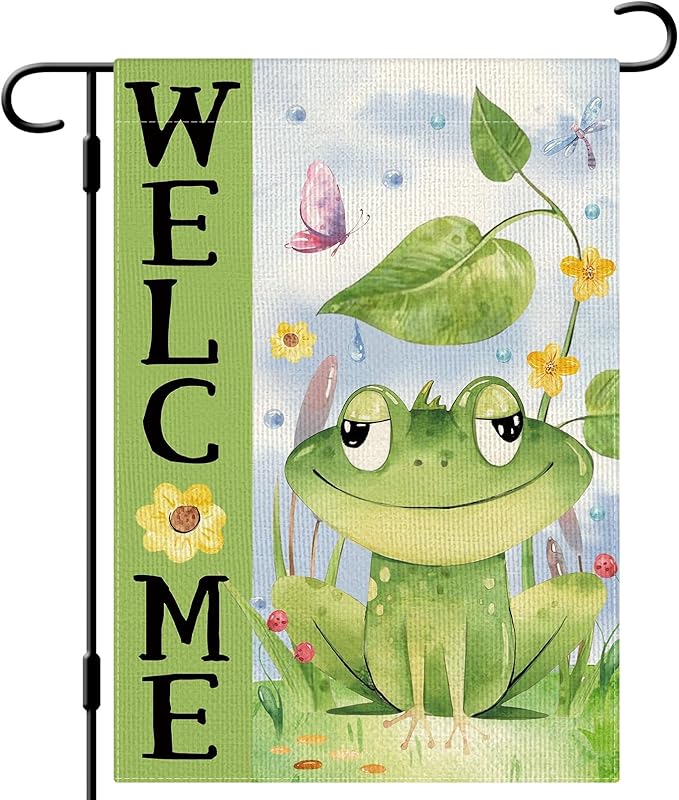 DLZDN Spring Summer Frog Garden Flag 12×18 Inch Double Sided Vertical Burlap Farmhouse Welcome Yard Flag Seasonal Outdoor Decor