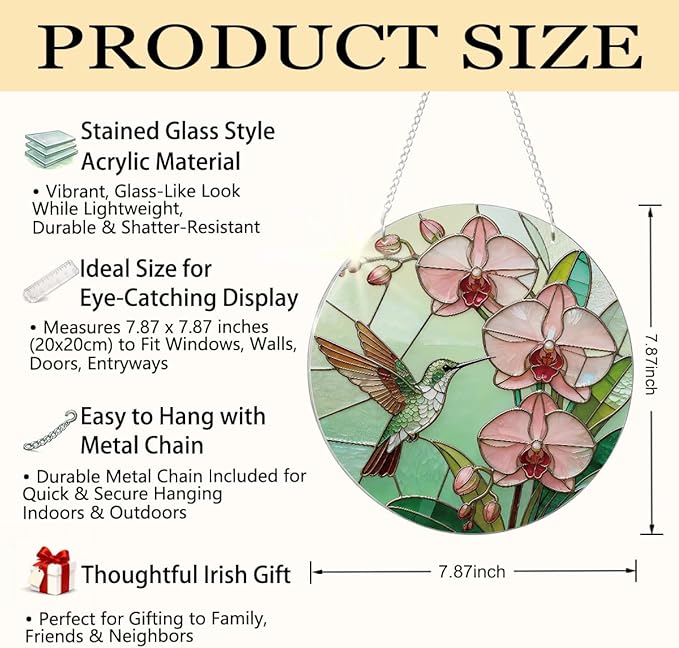 Hummingbird Flower Botanical Suncatcher for Windows Hanging, Beautiful Window Door Decoration, Home Garden Decors, Birds Lover Gift, Mother's Day Christmas Festival Gift for Women Men