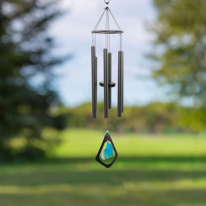 Sunset Vista Designs Azure Blue Agate Gemstone 29.5 inch Metal Decorative Outdoor Garden Wind Chime Noisemaker