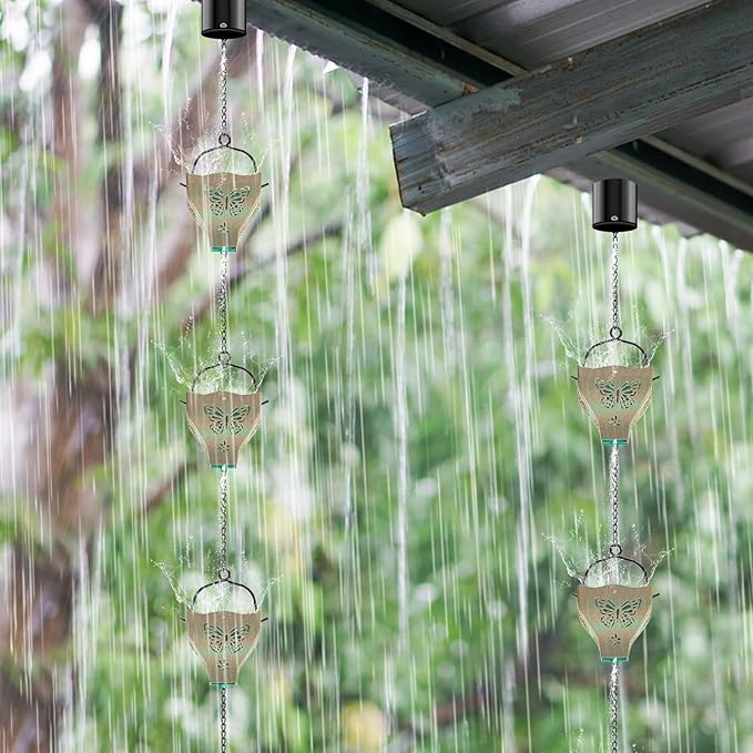 7.8ft Rain Chains for Outside, 8 Cups Copper Plated Lotus Rain Chain Cups, Adjustable Rain Catcher Chain with Bell for Eaves Drainage, Replacement for Downspout (Butterfly+Retro Green)