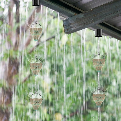 7.8ft Rain Chains for Outside, 8 Cups Copper Plated Lotus Rain Chain Cups, Adjustable Rain Catcher Chain with Bell for Eaves Drainage, Replacement for Downspout (Butterfly+Retro Green)