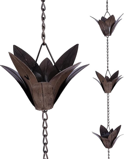 DUSVALLY Rain Chains Metal Flower Decorative Catcher Chain for Gutters Outside Downspout, 7.88 FT Rain Chain Bell for Divert Water, Antique Silver