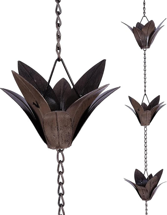 DUSVALLY Rain Chains Metal Flower Decorative Catcher Chain for Gutters Outside Downspout, 7.88 FT Rain Chain Bell for Divert Water, Antique Silver