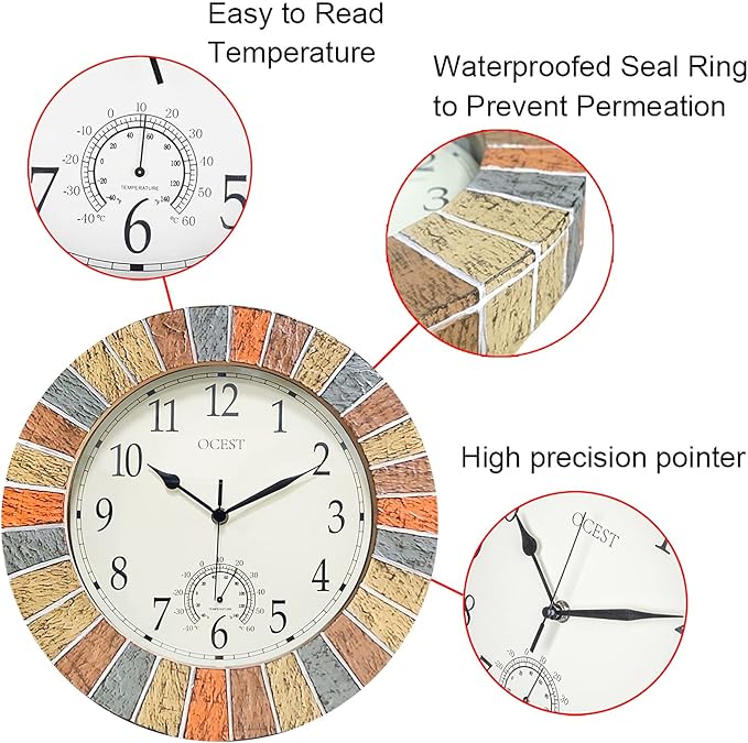 OCEST 13 Inch Indoor Outdoor Clock Waterproof with Thermometer, Weather-Resistant Non-Ticking Battery Operated Decor Clock for Patio, Pool, Lanai, Fence, Porch, Garden (Yellow)