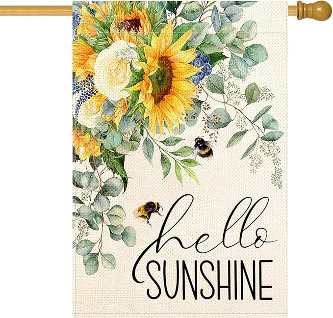Baccessor Hello Sunshine Spring House Flag Sunflower Bee Eucalyptus Leaves Yard Flag 28 X 40 Inch Double Sided Burlap Large Spring Summer Flag for Outside Decor