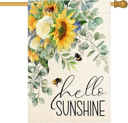 Baccessor Hello Sunshine Spring House Flag Sunflower Bee Eucalyptus Leaves Yard Flag 28 X 40 Inch Double Sided Burlap Large Spring Summer Flag for Outside Decor