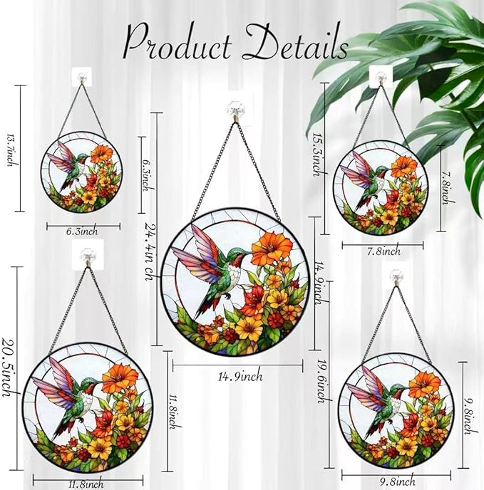 Stained Glass Window Hanging - Hummingbirds are Collecting Nectar 7.8 Inches Suncatcher for Garden Home Decor for Women Mon Grandma Friends