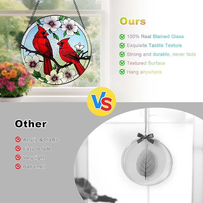 Cardinal Stained Glass,Red Bird Suncatcher for Window,7.8" Stained Glass Window Hanging,Cardinal Gift for Women,Hanging Stained Glass Home Decor