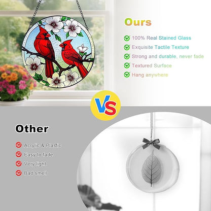 Cardinal Stained Glass,Red Bird Suncatcher for Window,7.8" Stained Glass Window Hanging,Cardinal Gift for Women,Hanging Stained Glass Home Decor