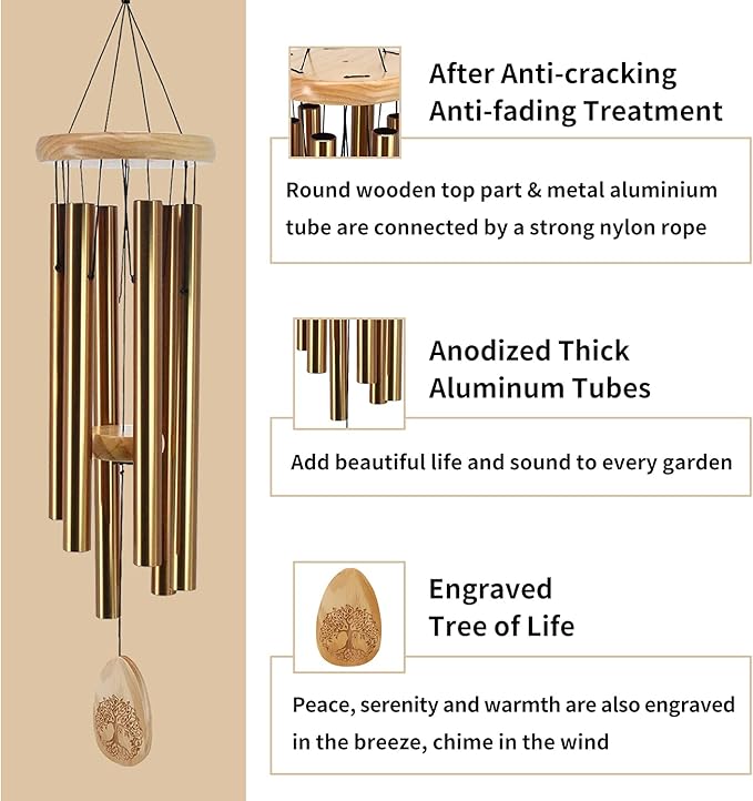 Astarin Windchimes Outdoors with Engraved Lifetree, 30 Inch Memorial Wind Chime for Outside, Sympathy Wind Chime for Loved One, Outdoor Wind Chimes for Mother, Bronze Wind Chimes.