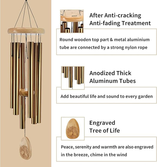 Astarin Windchimes Outdoors with Engraved Lifetree, 30 Inch Memorial Wind Chime for Outside, Sympathy Wind Chime for Loved One, Outdoor Wind Chimes for Mother, Bronze Wind Chimes.