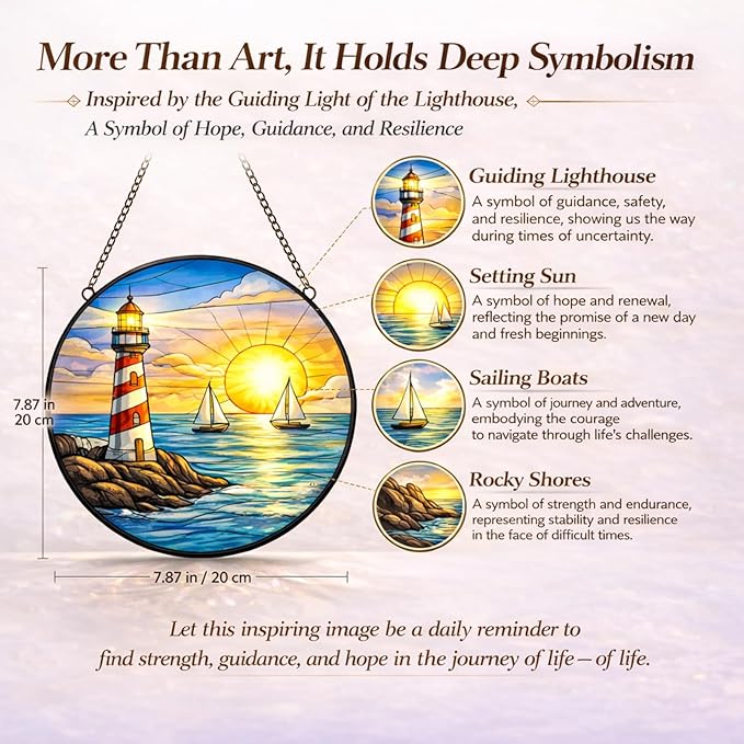 Lighthouse Ocean Suncatcher Window Hanging, 7.8" Stained Glass Decor, Symbolic Gift for Family, Friends and Loved Ones, Coastal Home Decor for Window, Wall, Living Room and Sunroom