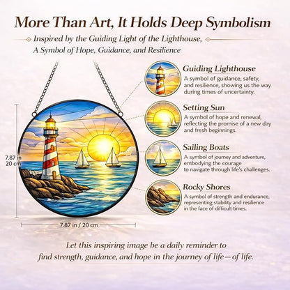 Lighthouse Ocean Suncatcher Window Hanging, 7.8" Stained Glass Decor, Symbolic Gift for Family, Friends and Loved Ones, Coastal Home Decor for Window, Wall, Living Room and Sunroom