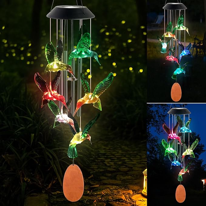 Solar Hummingbird Wind Chime Outdoor Color Changing, Garden Decor, Grandmother Gift, mom Gifts, Hummingbird Gifts, Birthday Gift for mom, Wind Chimes Outdoor Outside.
